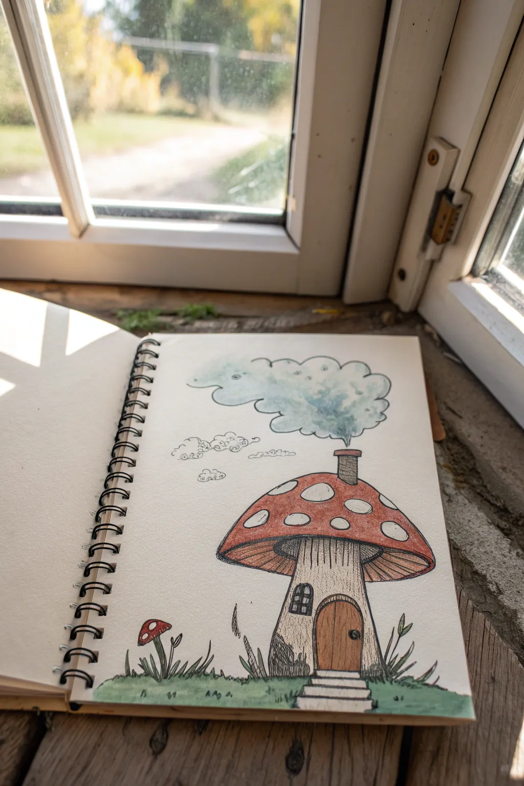 Chimney and curling smoke puffs for a cozy mushroom house drawing, minimal lines with bold warm contrast