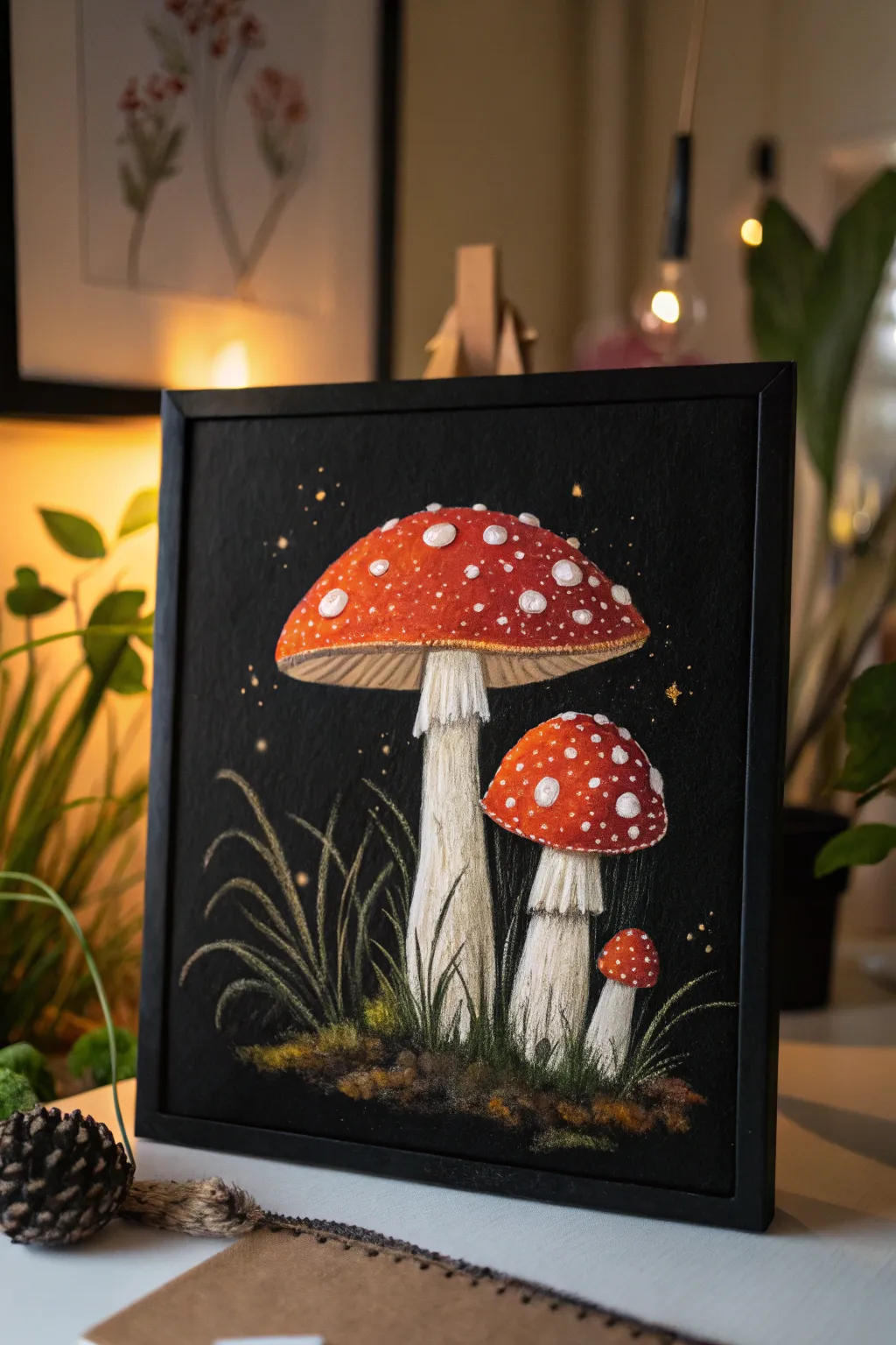 Bold mushrooms glow on a near-black backdrop for a striking, modern high-contrast painting idea.