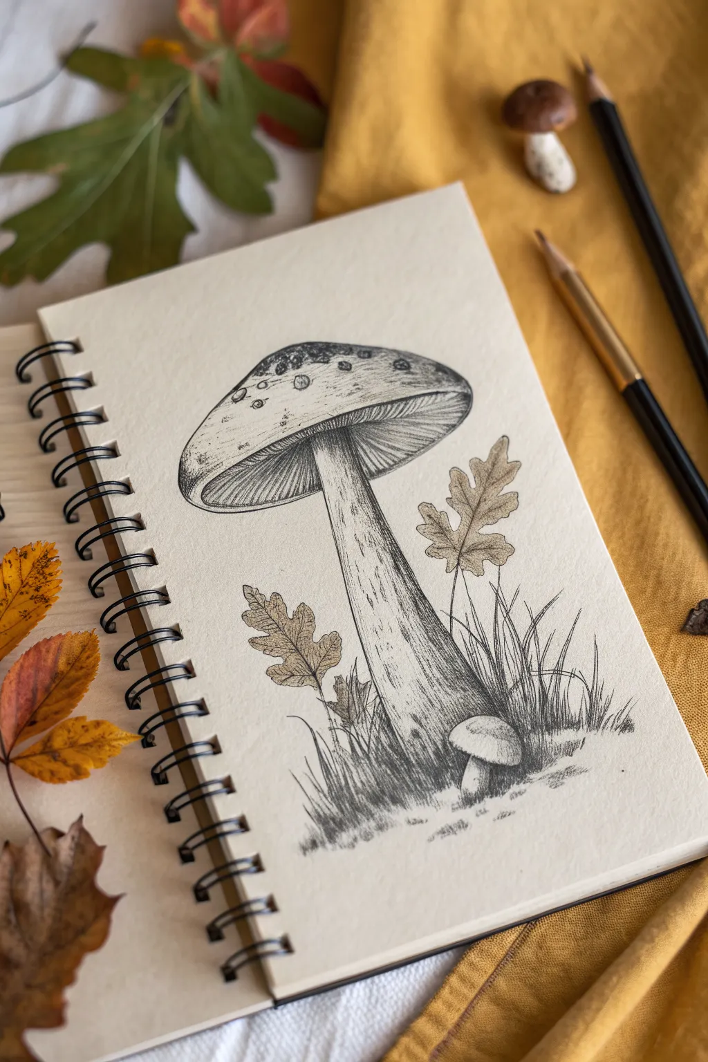 Clean mushroom sketch with wild floating scribble eyes, minimalist weirdcore contrast.