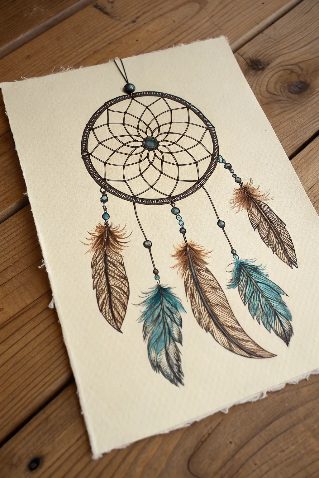 Bold dreamcatcher line art with woven center and hanging feathers, minimal boho contrast.
