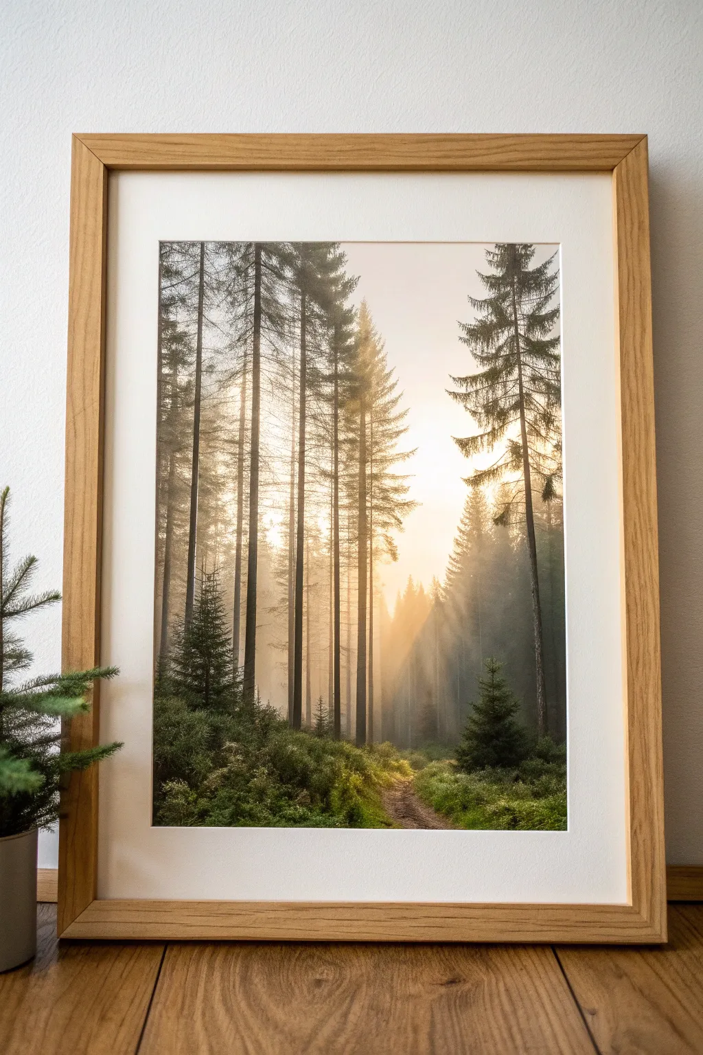 Misty forest clearing painting idea with soft sunbeams, foggy depth, and bold contrast