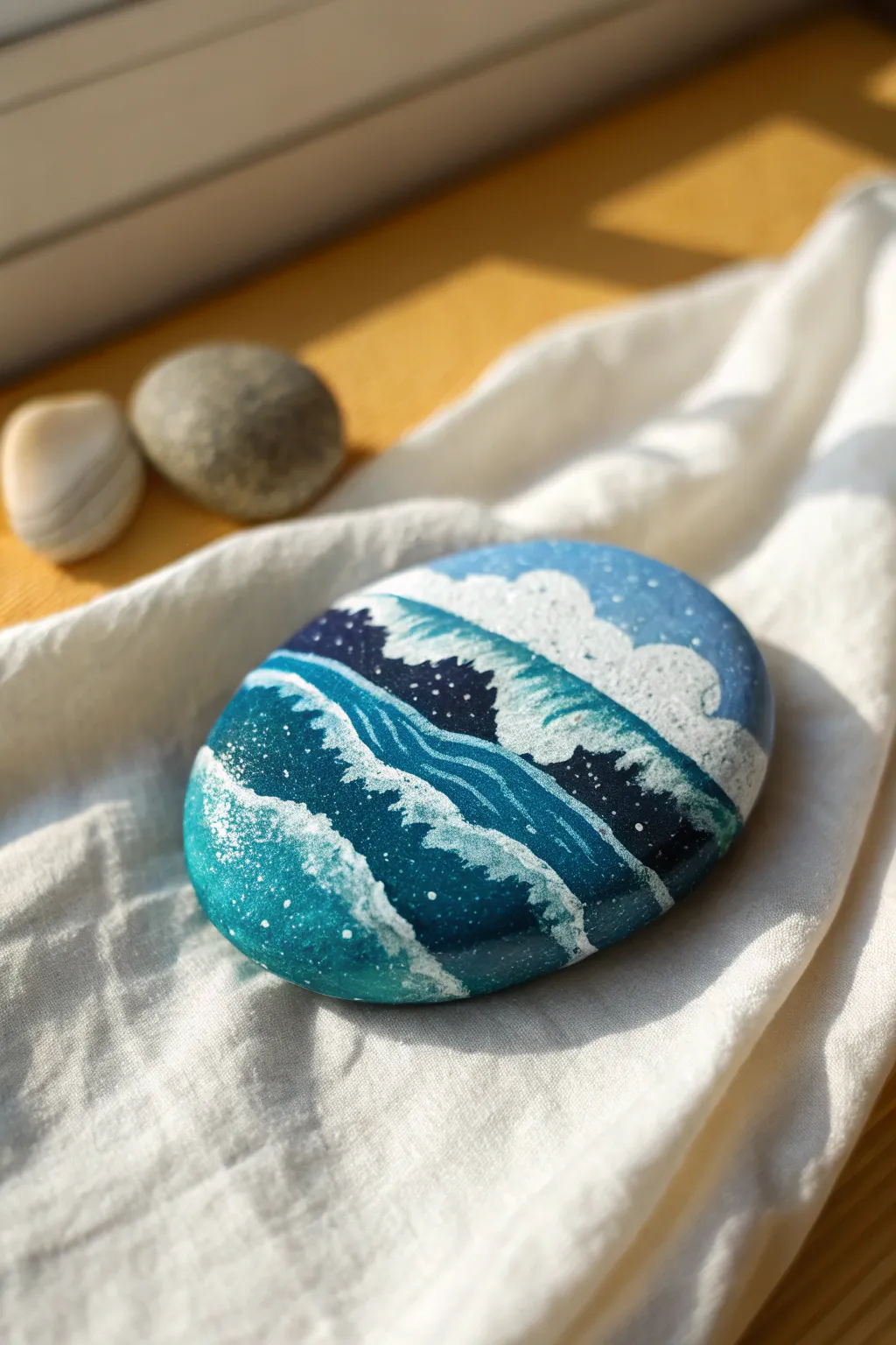 Minimal ocean horizon rock painting in layered blues, crisp foam lines, coastal calm.