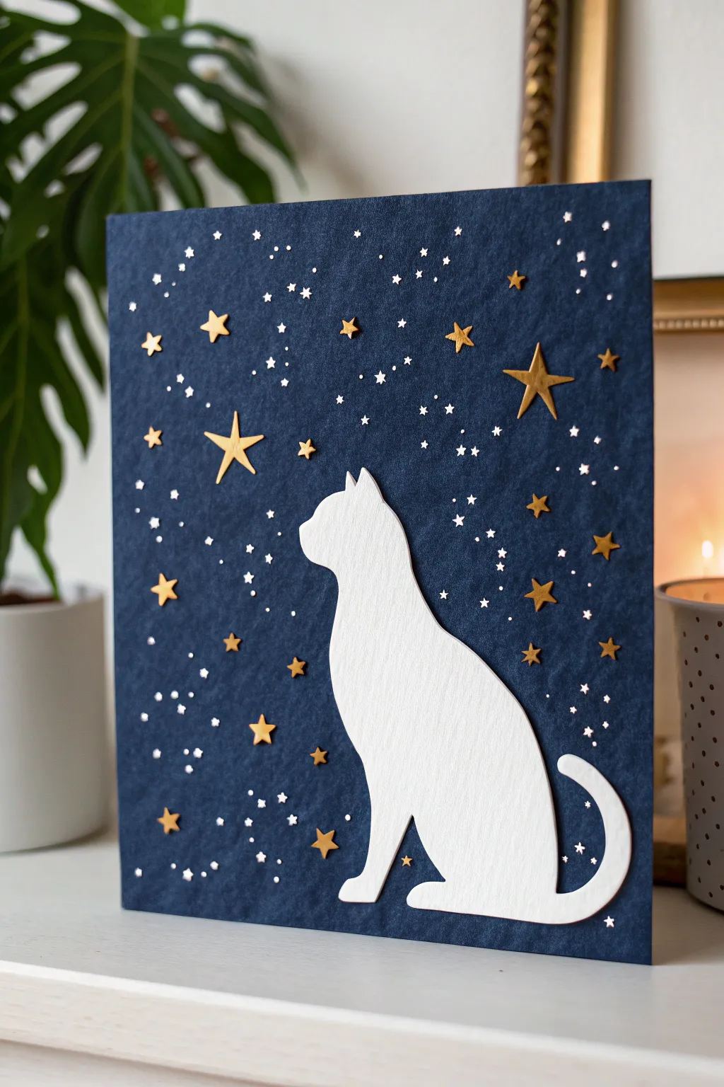 Cat silhouette carved from a starry night block, clean negative space with bold minimalist contrast.