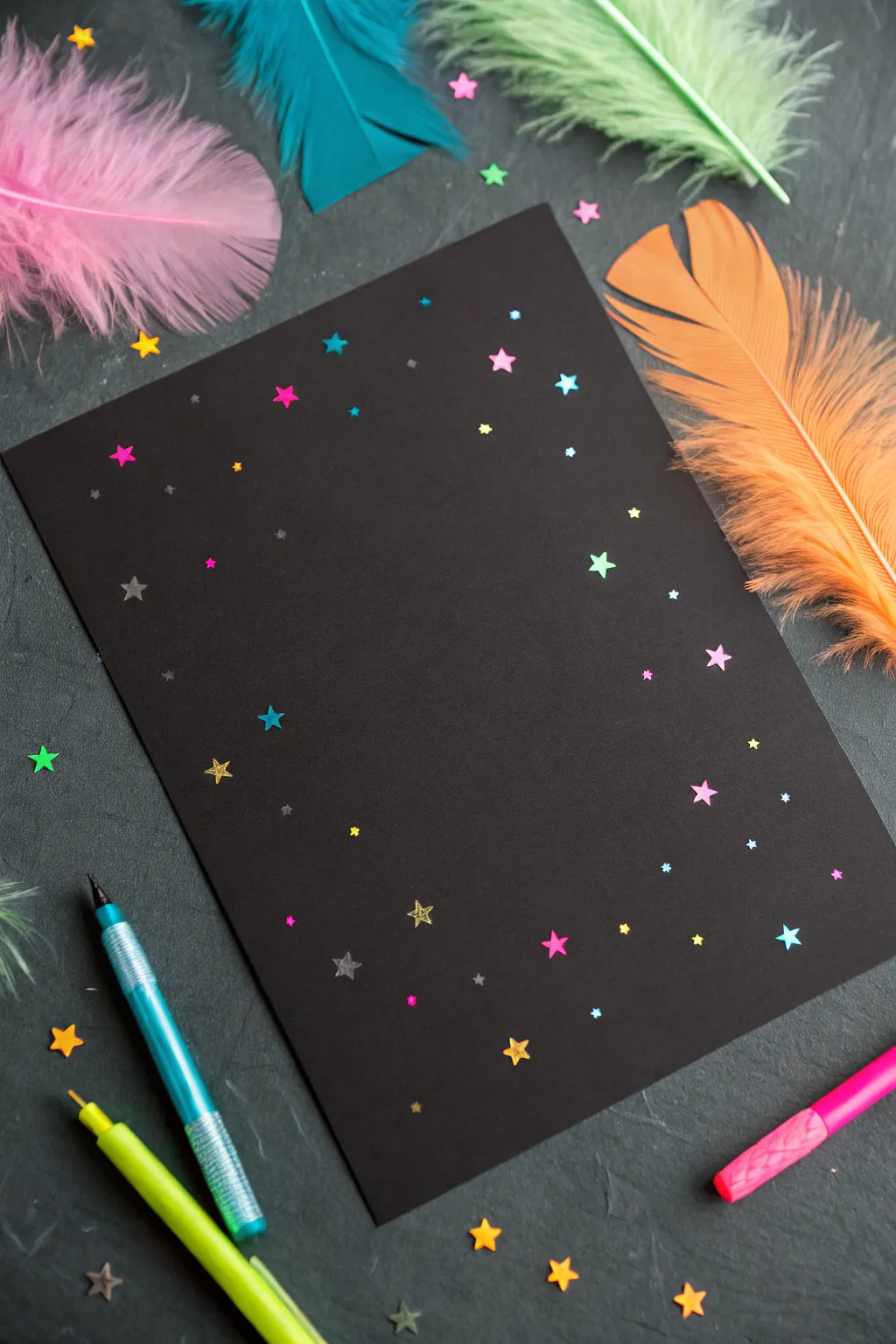 Bold neon starbursts and sparkles with glowing hot spots on matte black paper, clean and dreamy.