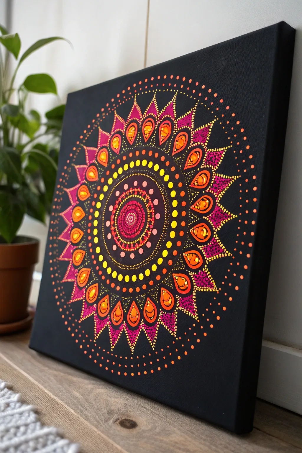 Radiant neon mandala burst on black canvas, crisp dots and bold glow with airy negative space