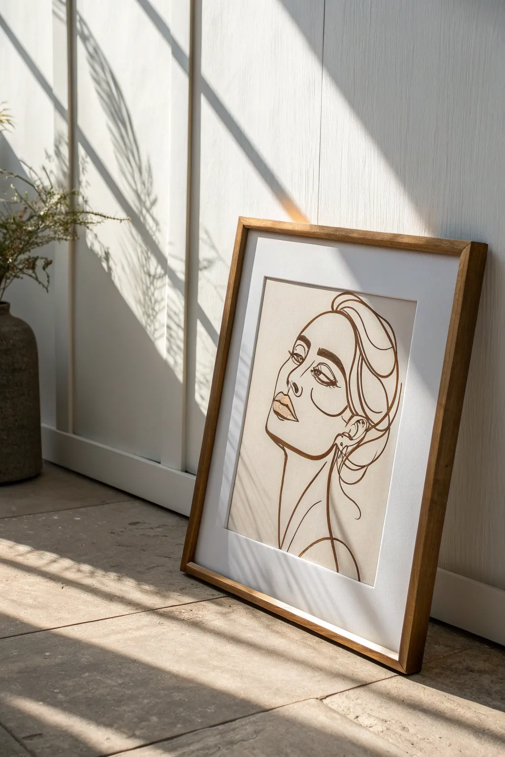 One-line face in charcoal on warm cream wash, framed simply for calm neutral wall art
