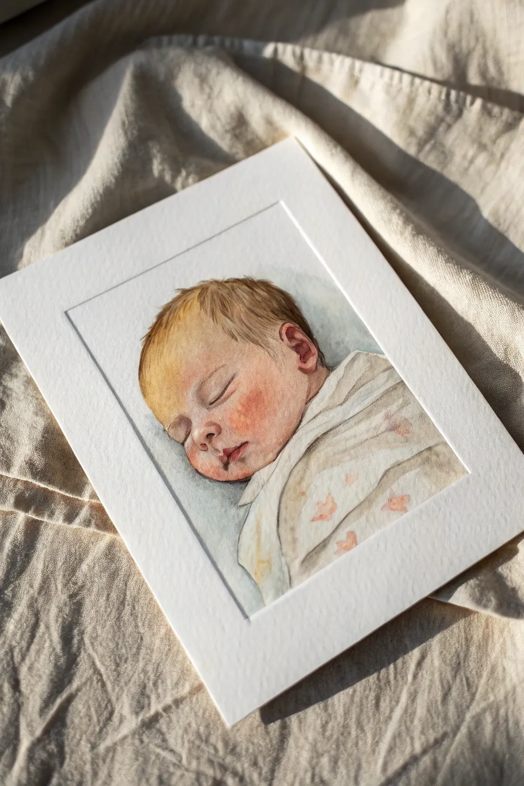 Sleeping newborn watercolor portrait with warm skin tones, neutral blanket, and a gentle shadow
