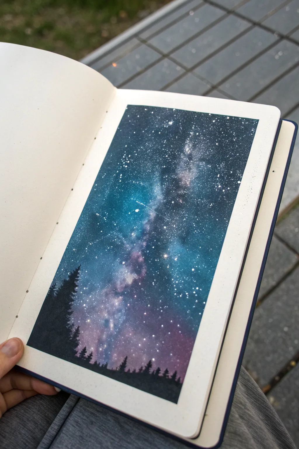 Milky Way ribbon across the sky, soft cloudy layers and dense star sparkle in bold minimalist colors