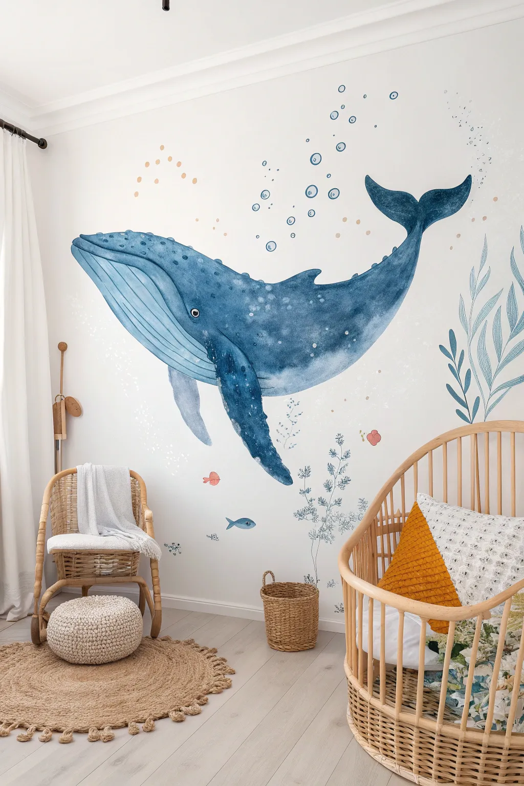 Dreamy watercolor whale mural with coral and bubbles for a calm Scandinavian-boho nursery
