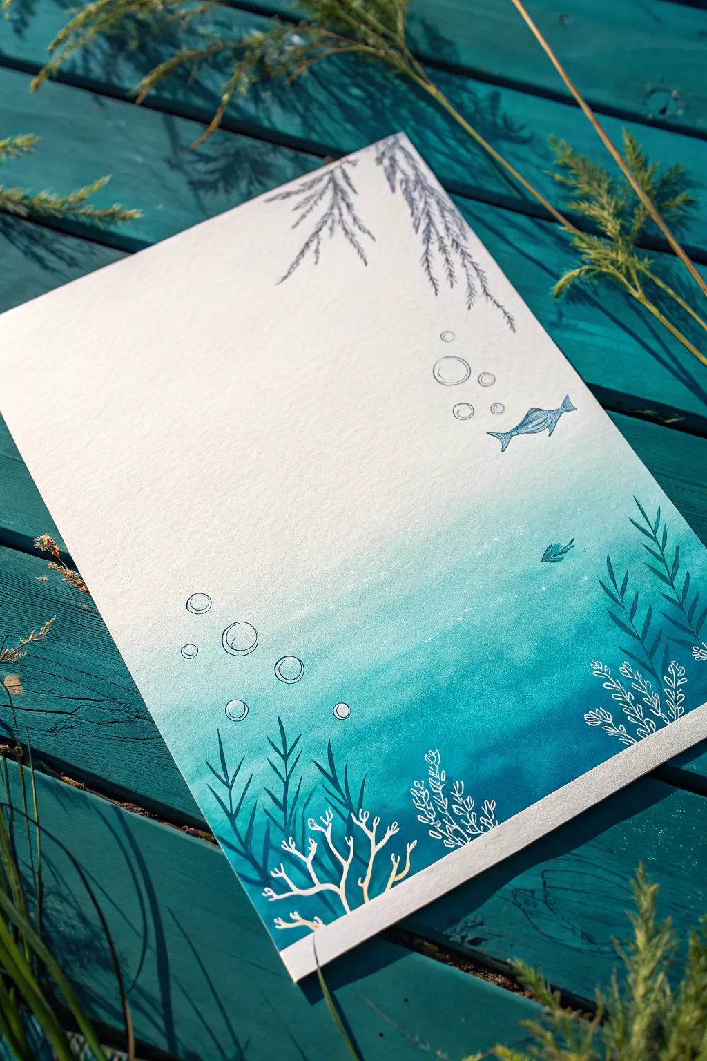 White crayon bubbles and seaweed glow through a bold teal watercolor wash, ocean art made easy