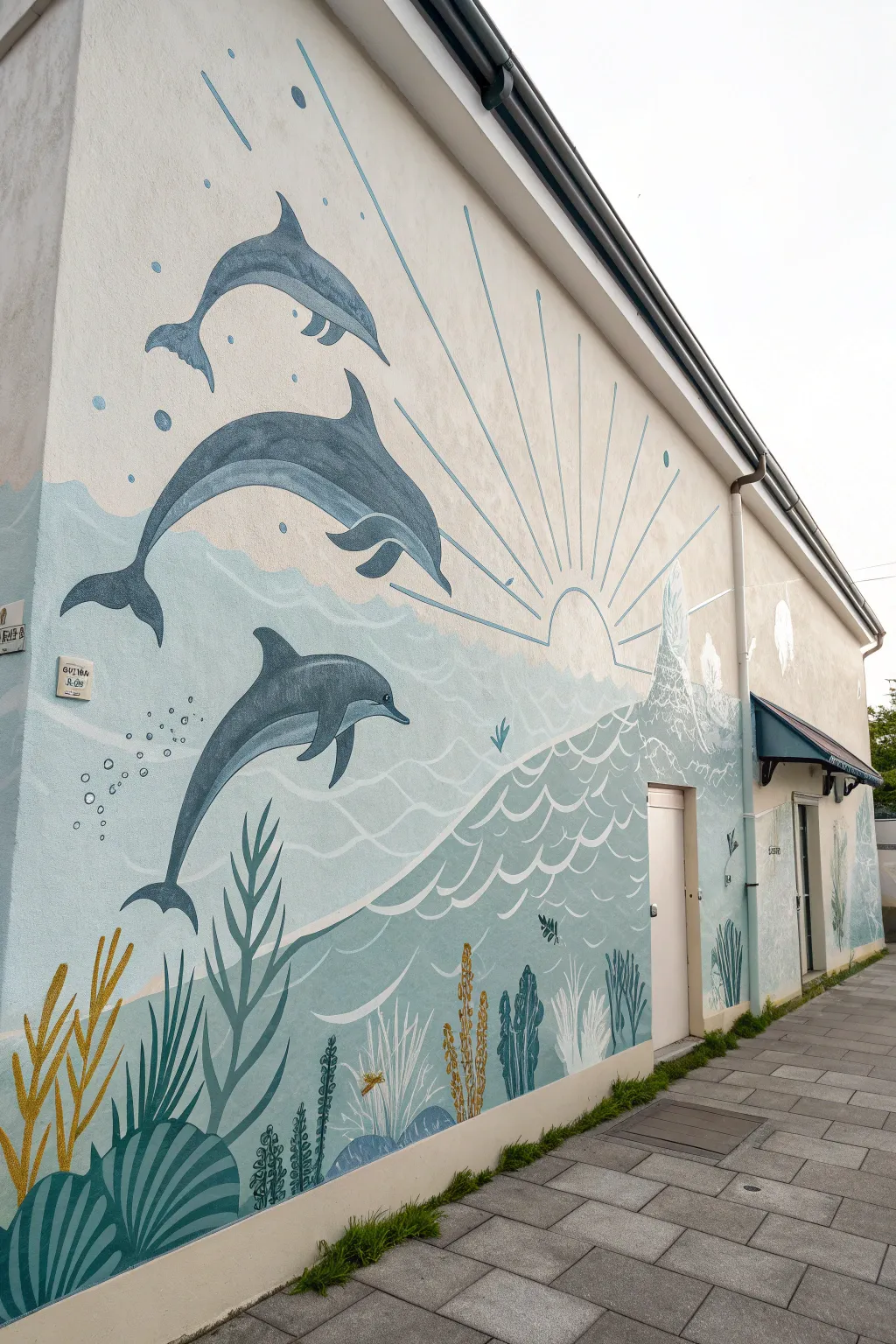 Playful dolphin family mural in bold ocean hues, minimalist Scandinavian with boho charm
