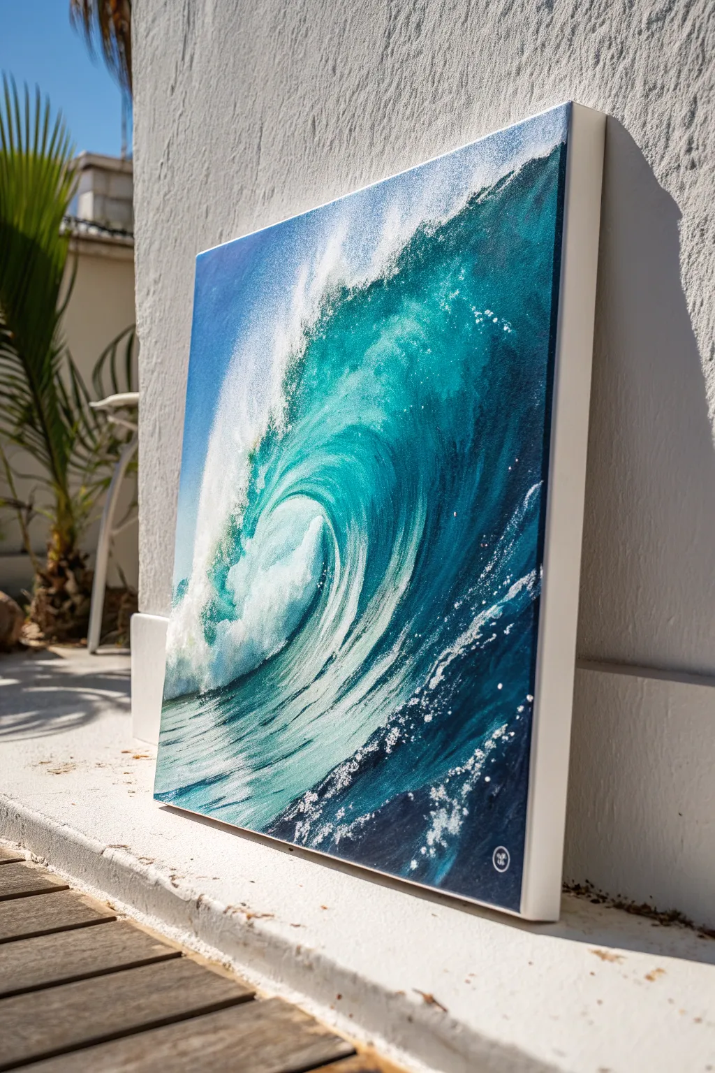 Crashing wave painting with bold blues and crisp whitecaps, minimal styling and artisan texture.
