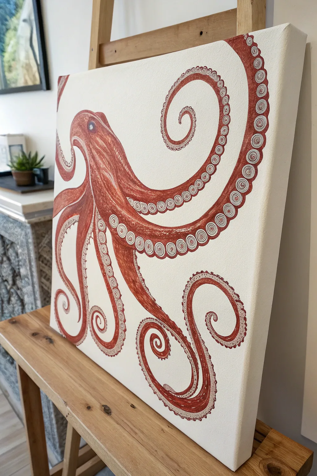 Spiral tentacles in bold coral and indigo, a striking octopus composition that draws you in