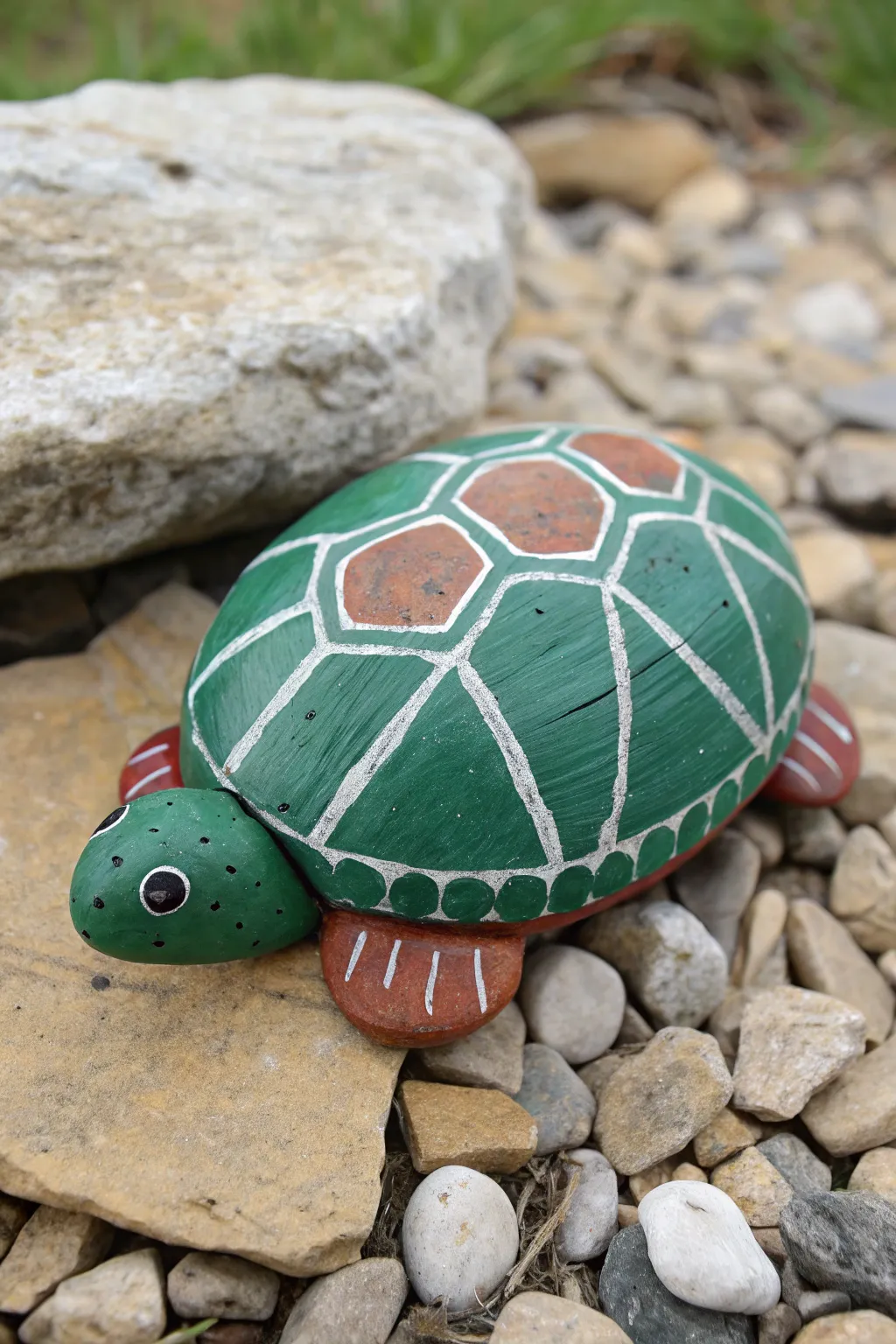 A domed rock becomes a turtle shell with curved segments, plus simple pebble feet and head.
