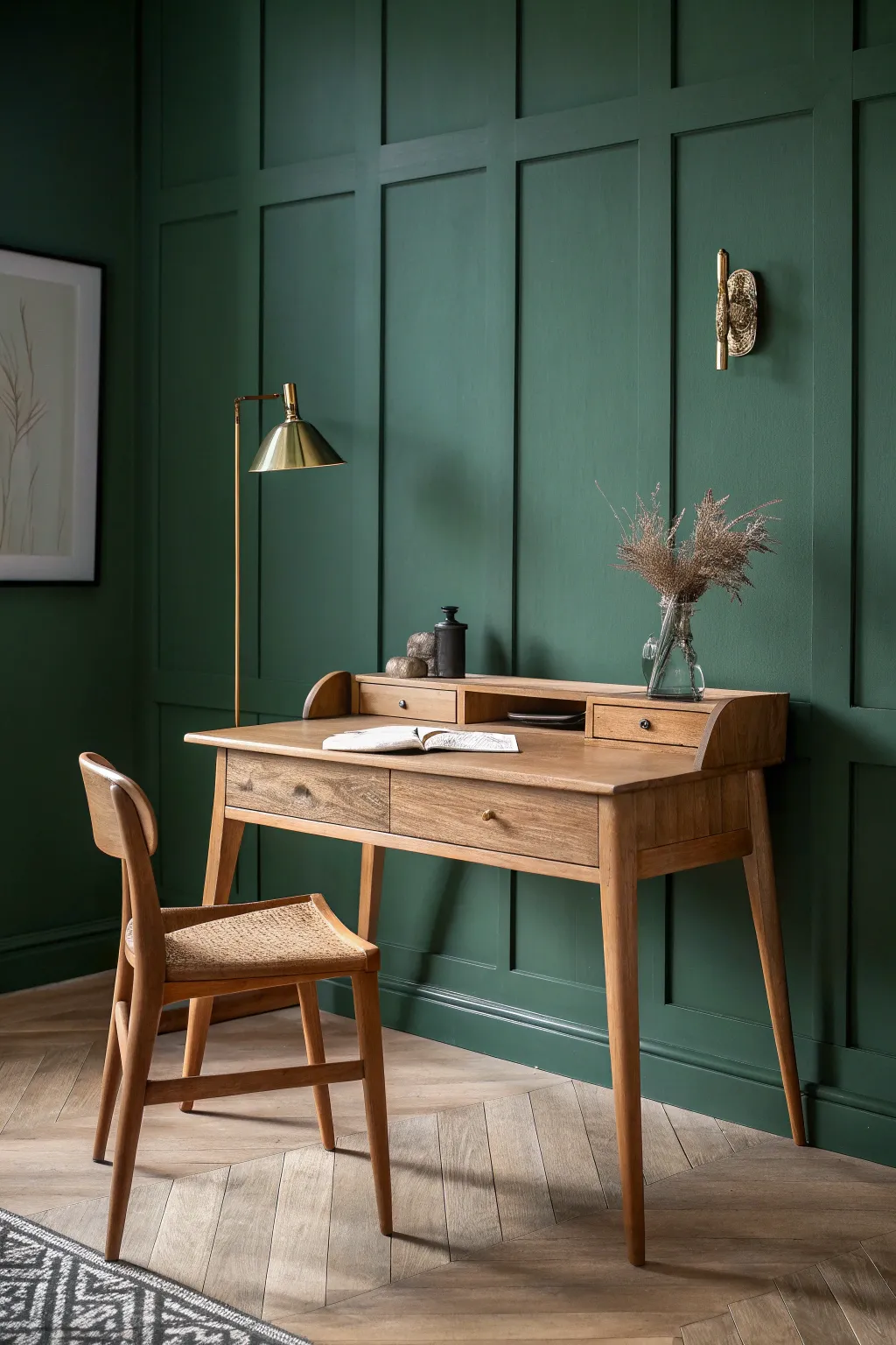 Deep green walls meet warm wood for a calm, study-style office corner made for focus.