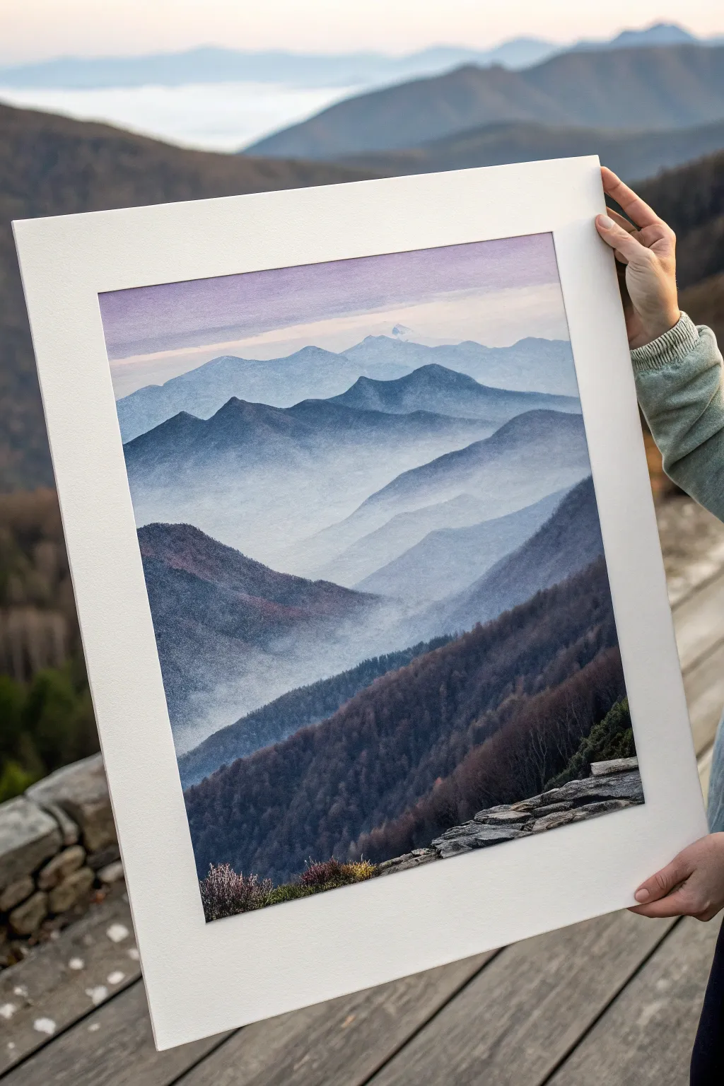 Misty oil pastel mountains in layered gradients, bold contrast with a calm Scandinavian boho feel