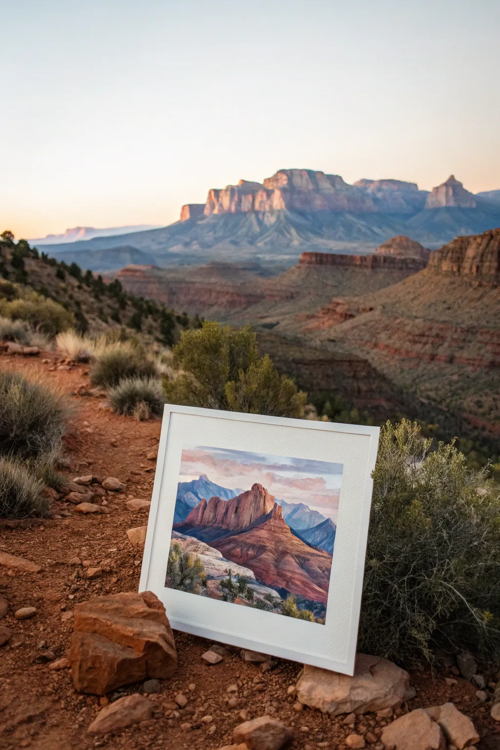 Golden hour mountain layers in oil pastel, simple silhouettes with a glowing blended sunset sky
