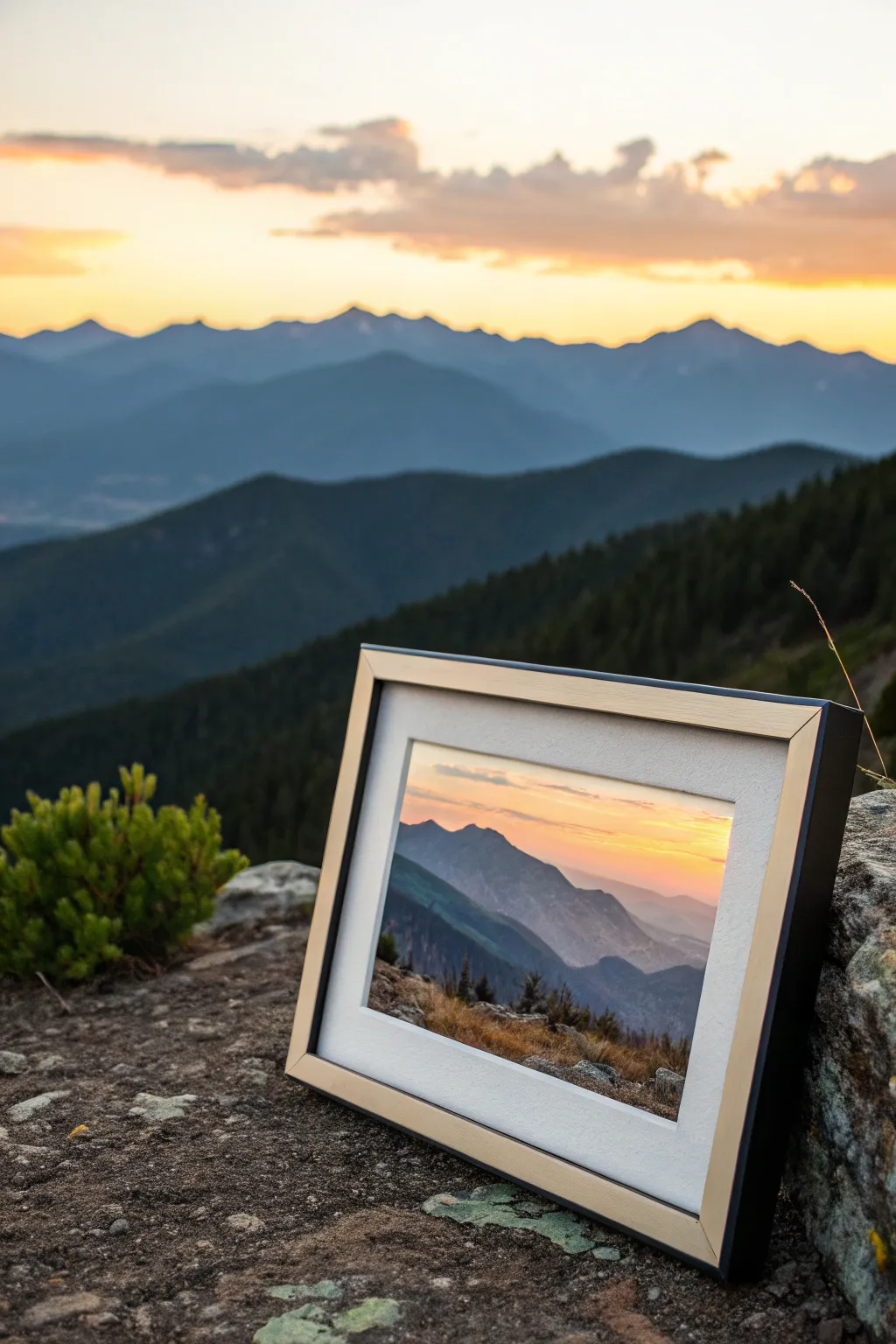 Minimalist oil pastel mountain range at golden hour, bold layers, soft haze, and warm sky glow.
