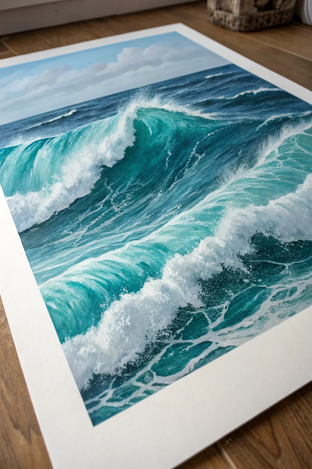 Close-up oil pastel ocean waves with bold blue-greens and chunky foamy white highlights