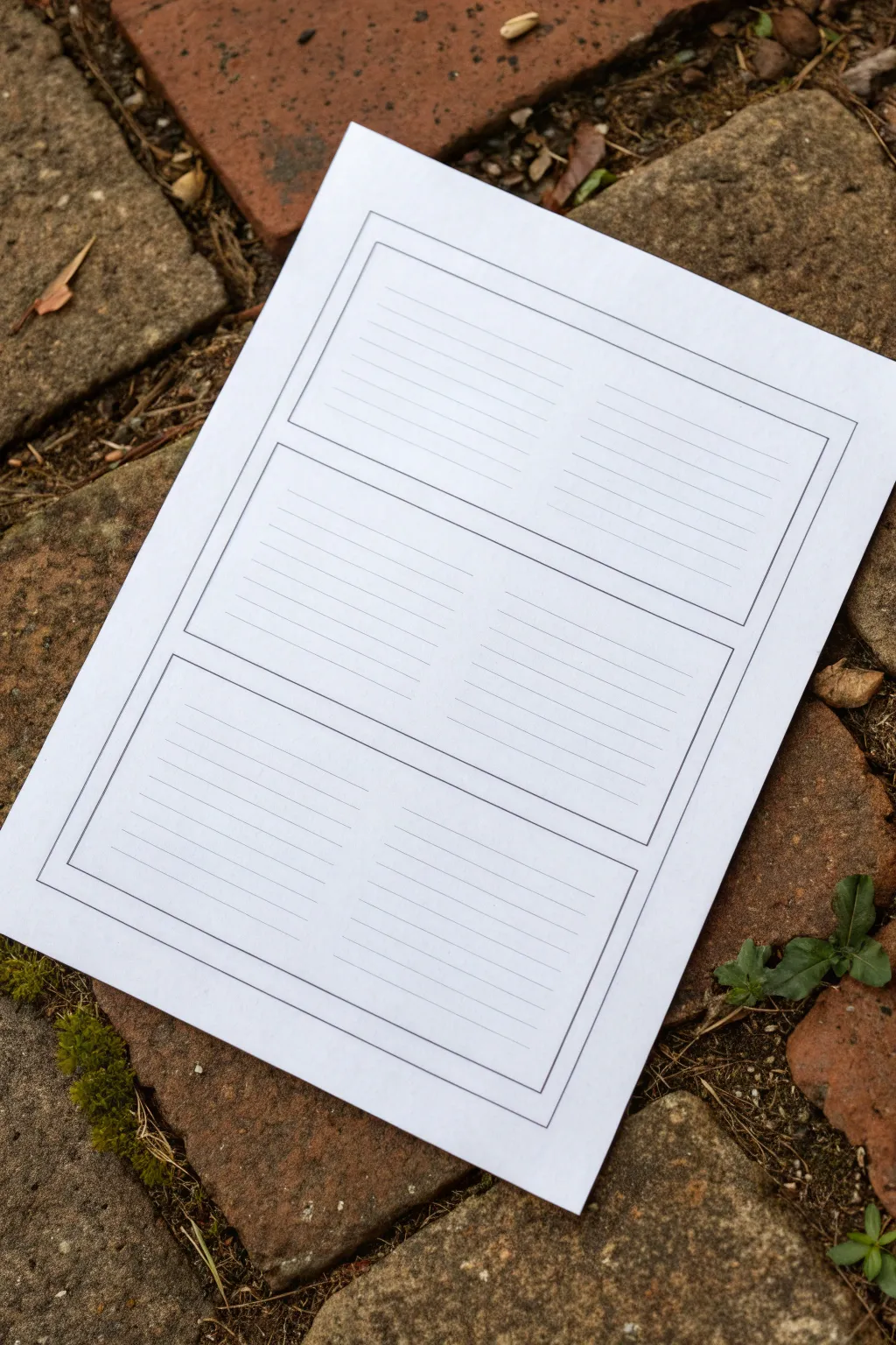 Beginning–middle–end story strip one-pager: a clean three-panel sketch layout to spark ideas