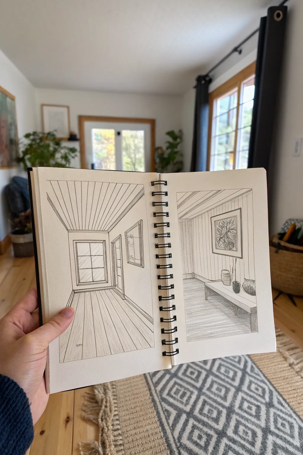 Simple one-point perspective room sketch with bold accents, clean lines, and cozy boho detail