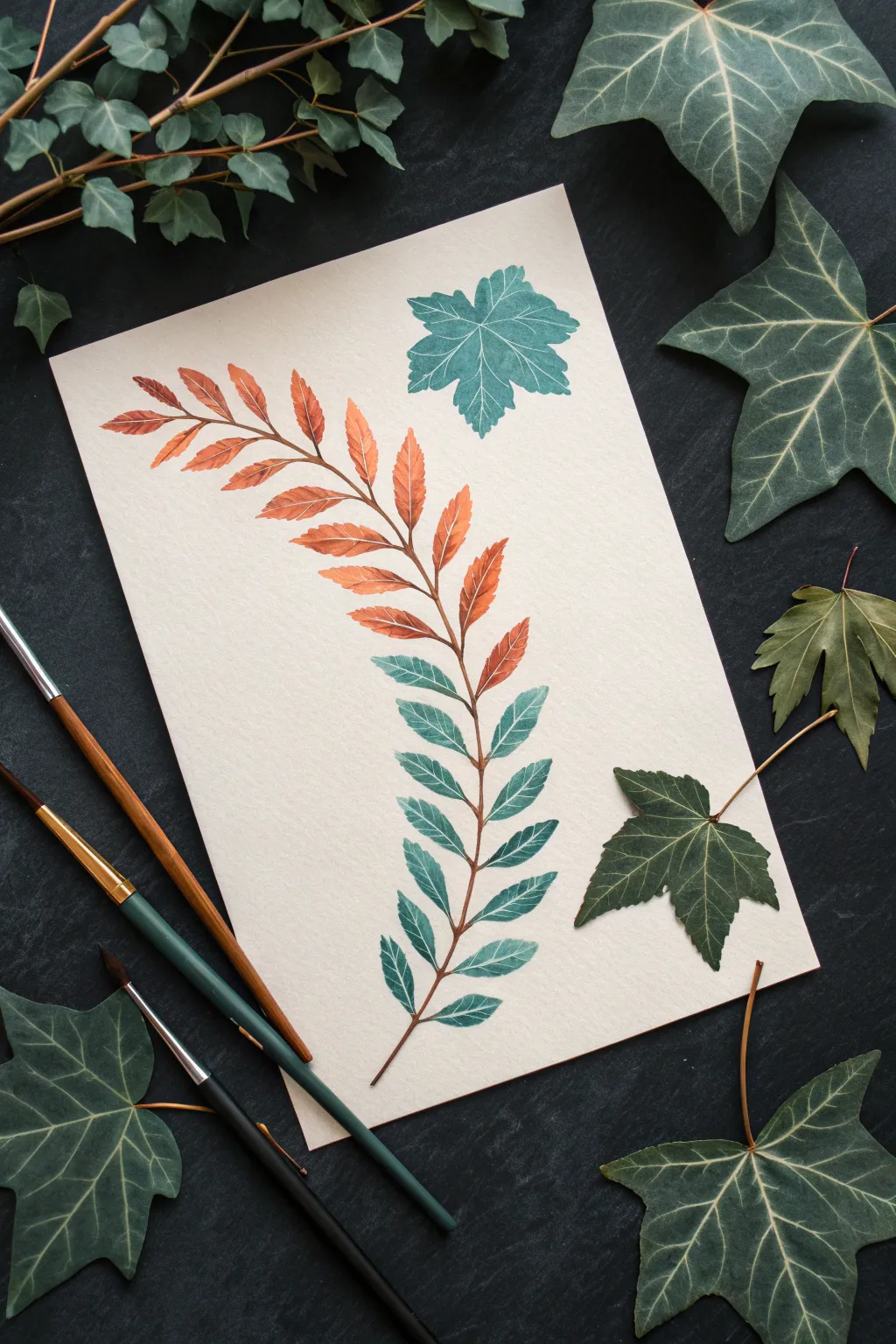 Two tone one stroke leaf sampler on black for bold contrast and calming minimalist vibes