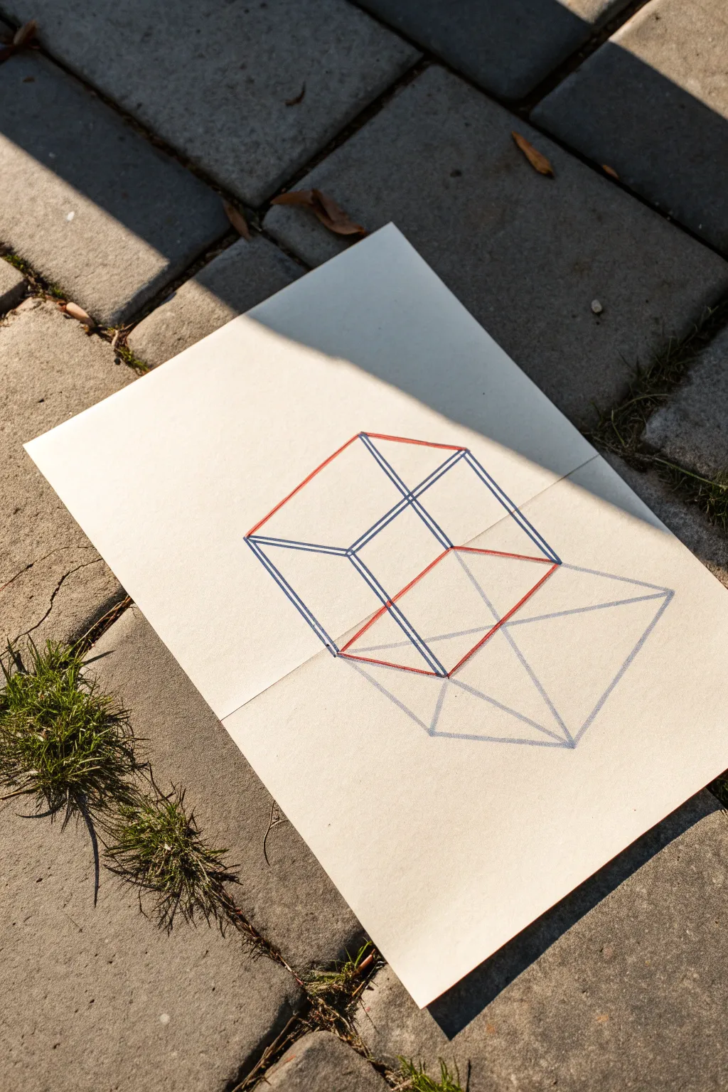 Floating cube illusion: crisp edges and a bold, soft-fading cast shadow for instant depth.