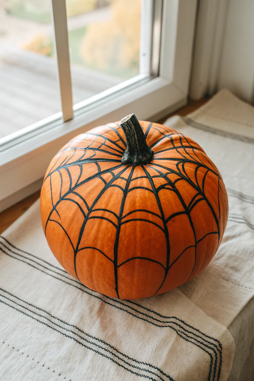 Spiderweb-from-the-stem pumpkin: bold black lines on orange for a chic fall statement