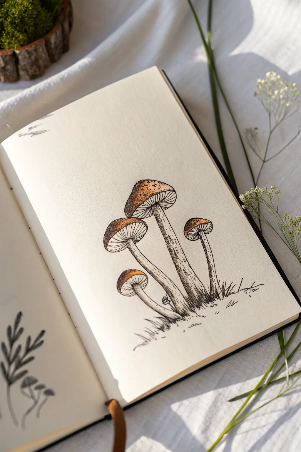 Minimal mushroom cluster sketch with gill detail, crisp lines and warm terracotta accent