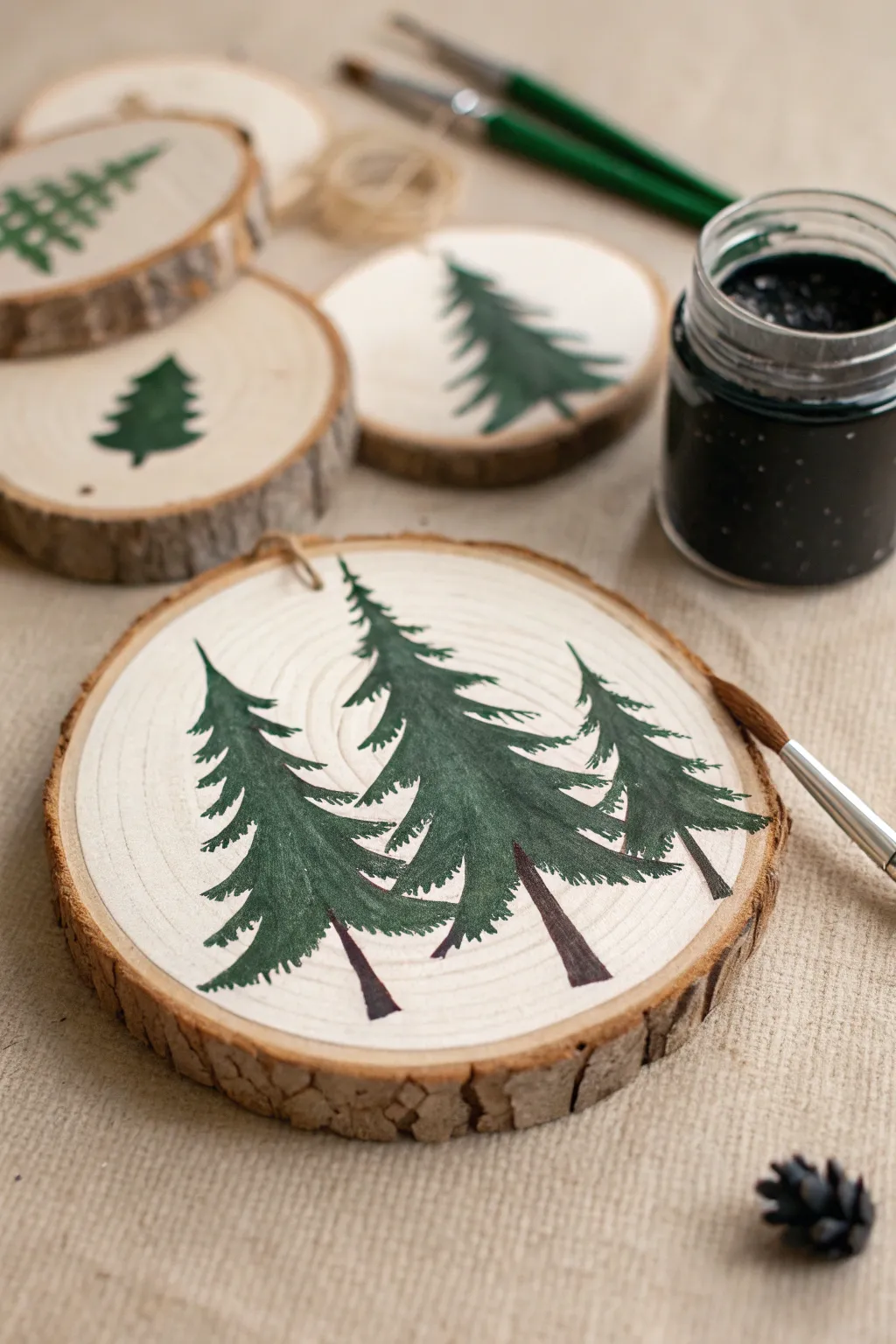 Minimalist evergreen wood slice ornament, bold green silhouettes, Scandinavian boho craft vibes.