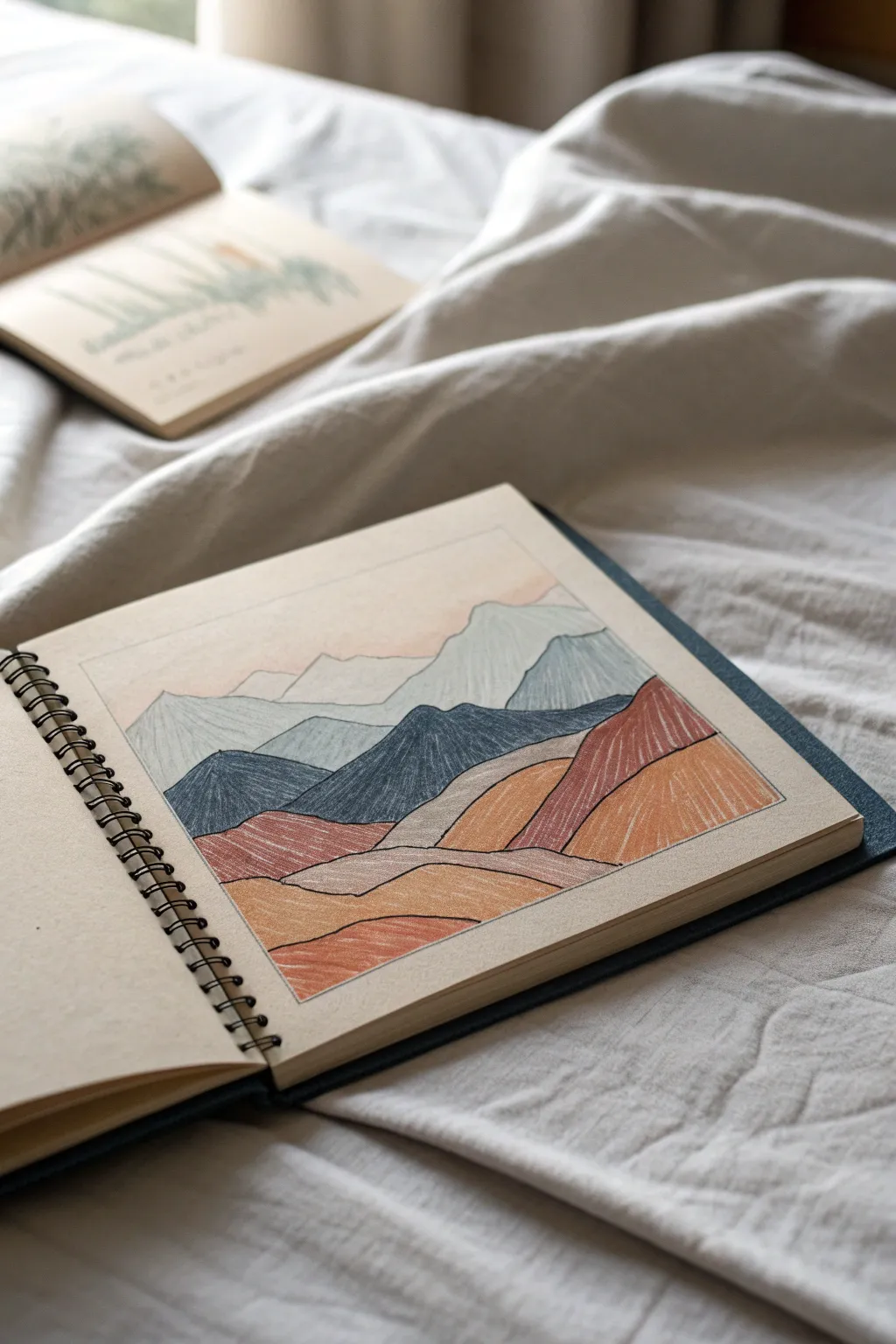 Layered mountain horizons in soft gradients and bold earthy tones for simple outdoor sketching