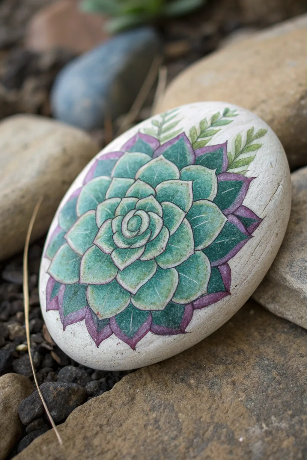 Succulent rosette on an oval rock, layered greens and purples with clean edges and calm boho minimalism