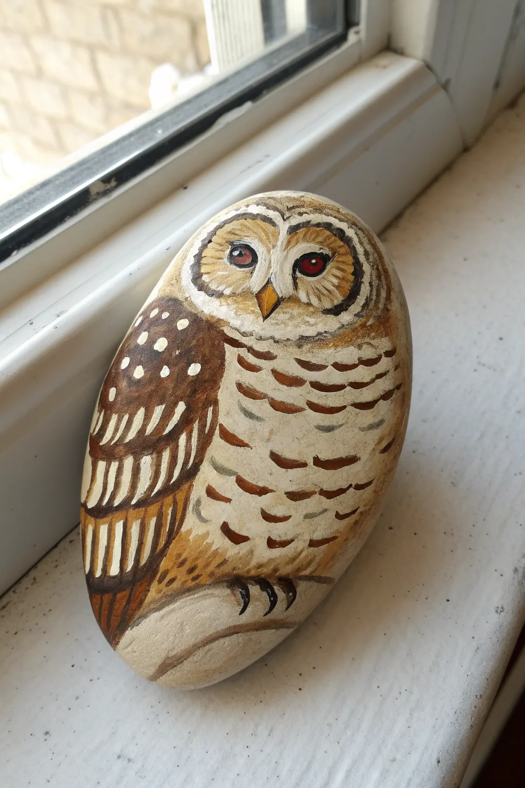 Barred owl stripe rock painting in warm browns and creams, minimalist Scandinavian boho vibe