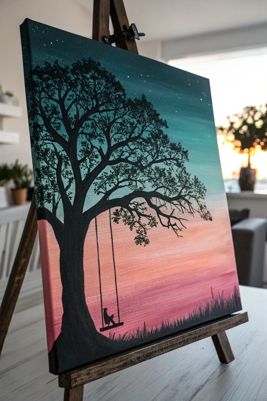 Simple tree and swing silhouette on a bold dusk gradient, an easy paint and sip favorite