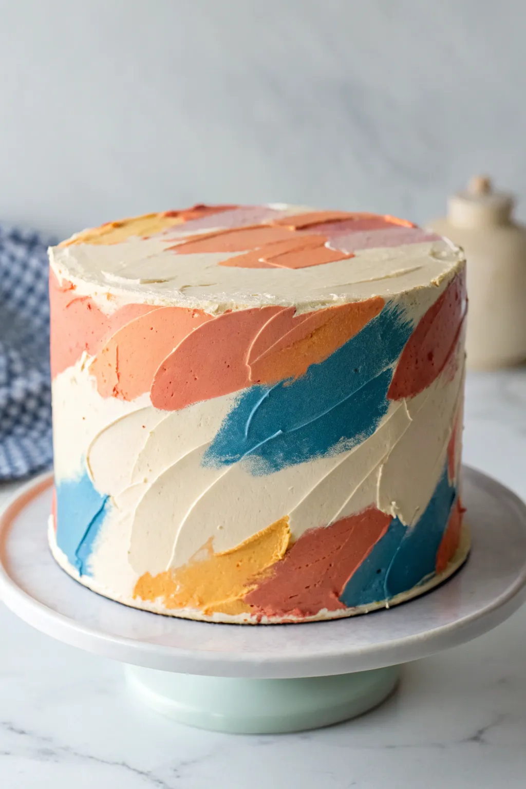Impasto palette-knife buttercream cake with bold color blocks and sculpted peaks, minimalist vibe