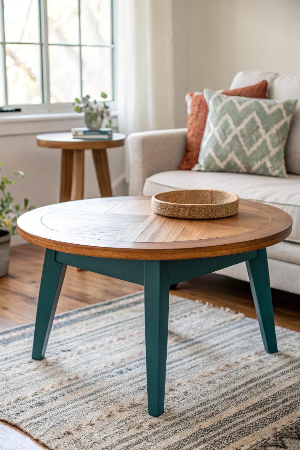 Two-tone coffee table makeover: bold painted base meets warm wood top for instant style.