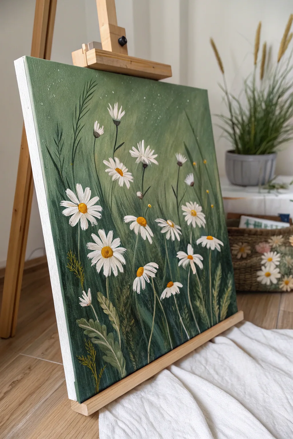 Minimal daisy field canvas with loose white dabs and sunny centers on rich green