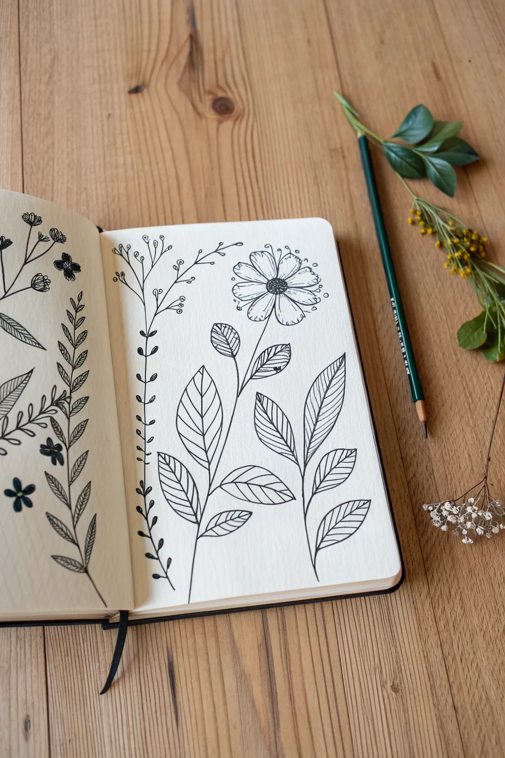 Simple botanical paint marker line art with bold color pops for calm Scandinavian boho style