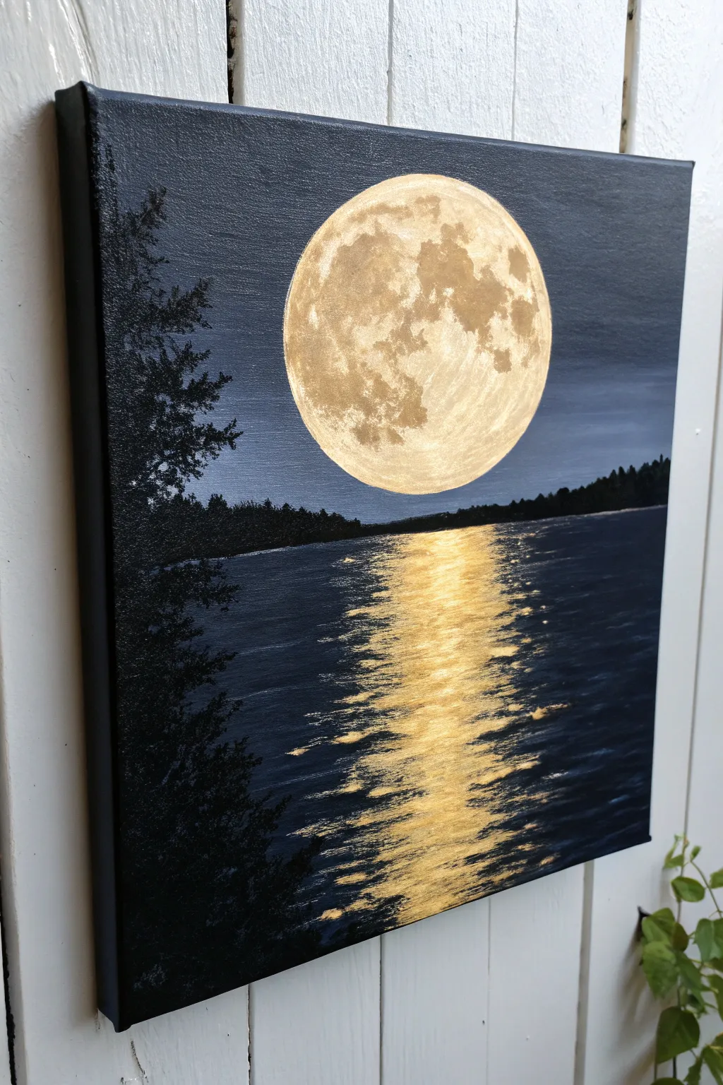 Moonlit lake reflection on canvas, bold indigo and gold, perfect calm paint night inspiration.