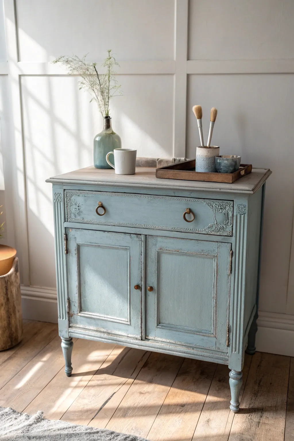 Dusty blue antique vanity with soft wear, styled simply for an airy cottage calm