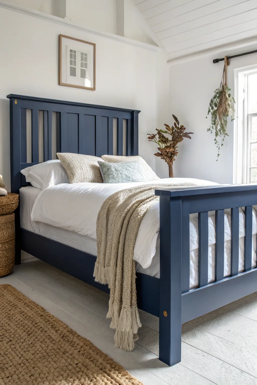 Classic navy bed frame with crisp white bedding for a bold, timeless statement