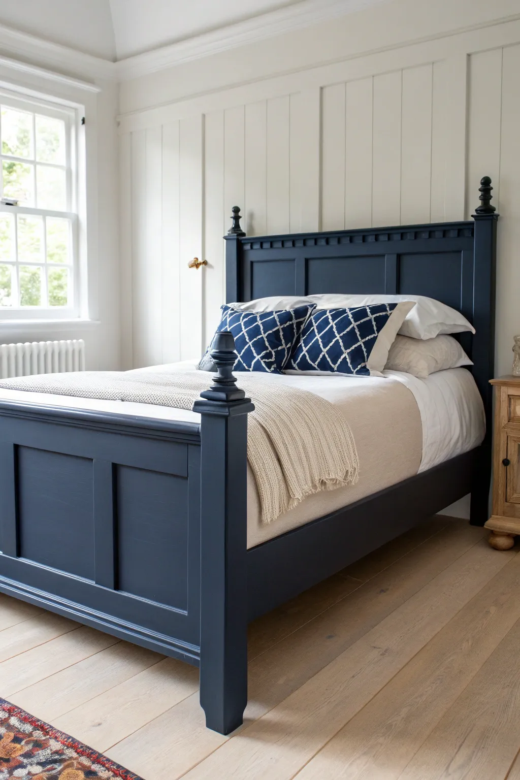 Deep navy statement bed with creamy linen and a single patterned pillow, calm and bold.