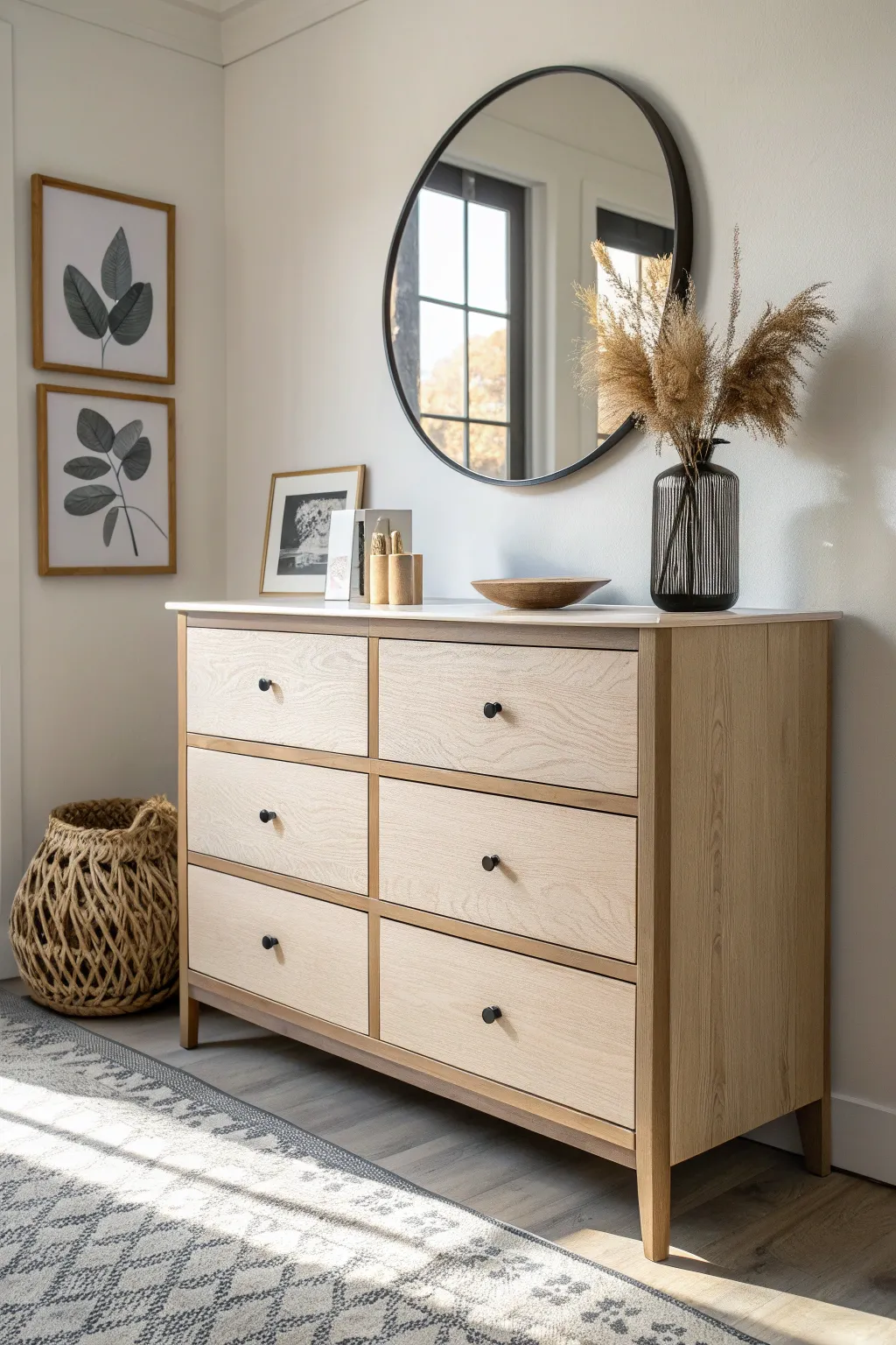 Two-tone dresser: matte painted frame with natural wood drawers for warm modern contrast