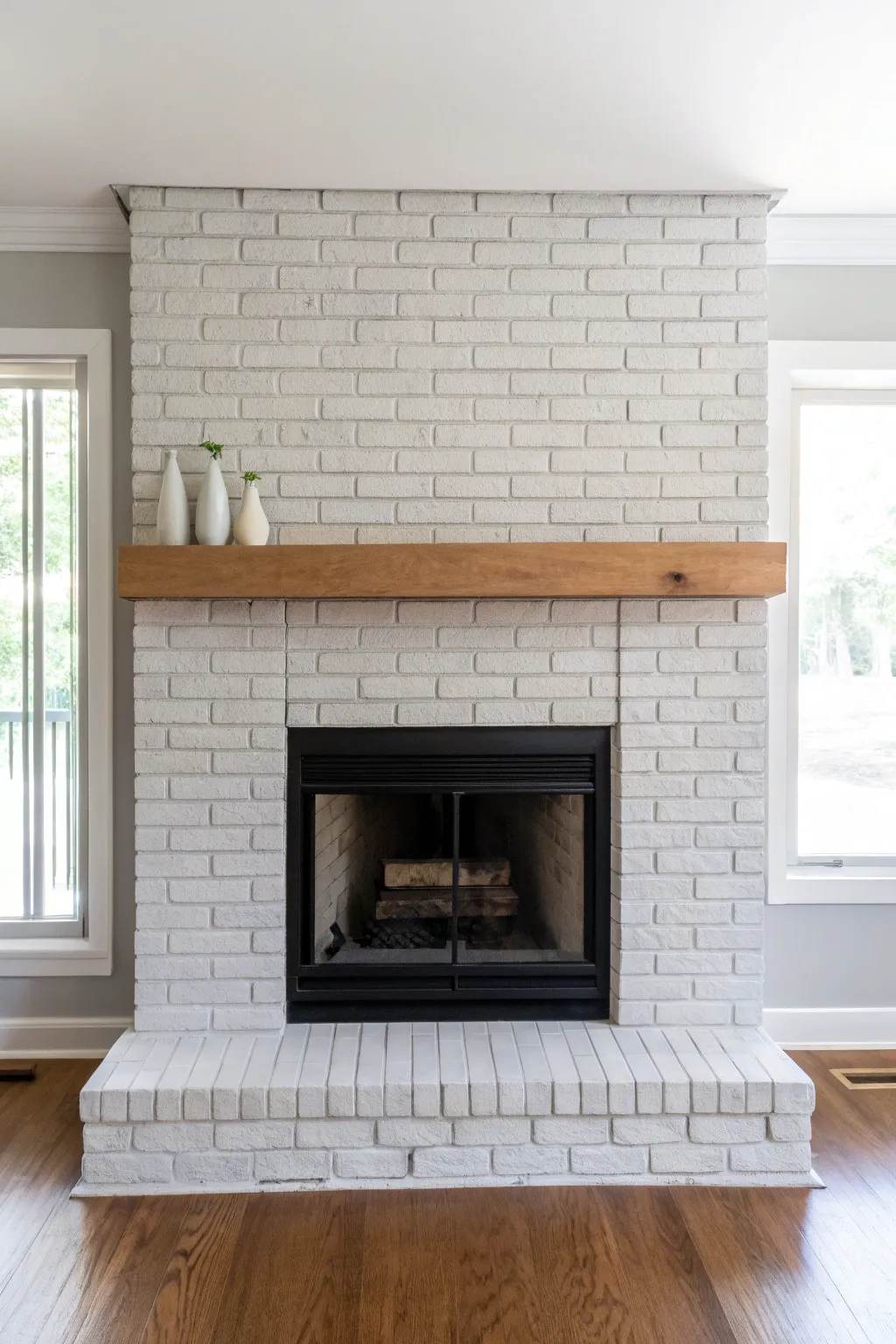 Modern light gray painted brick fireplace with bold black firebox contrast and calm Nordic style.