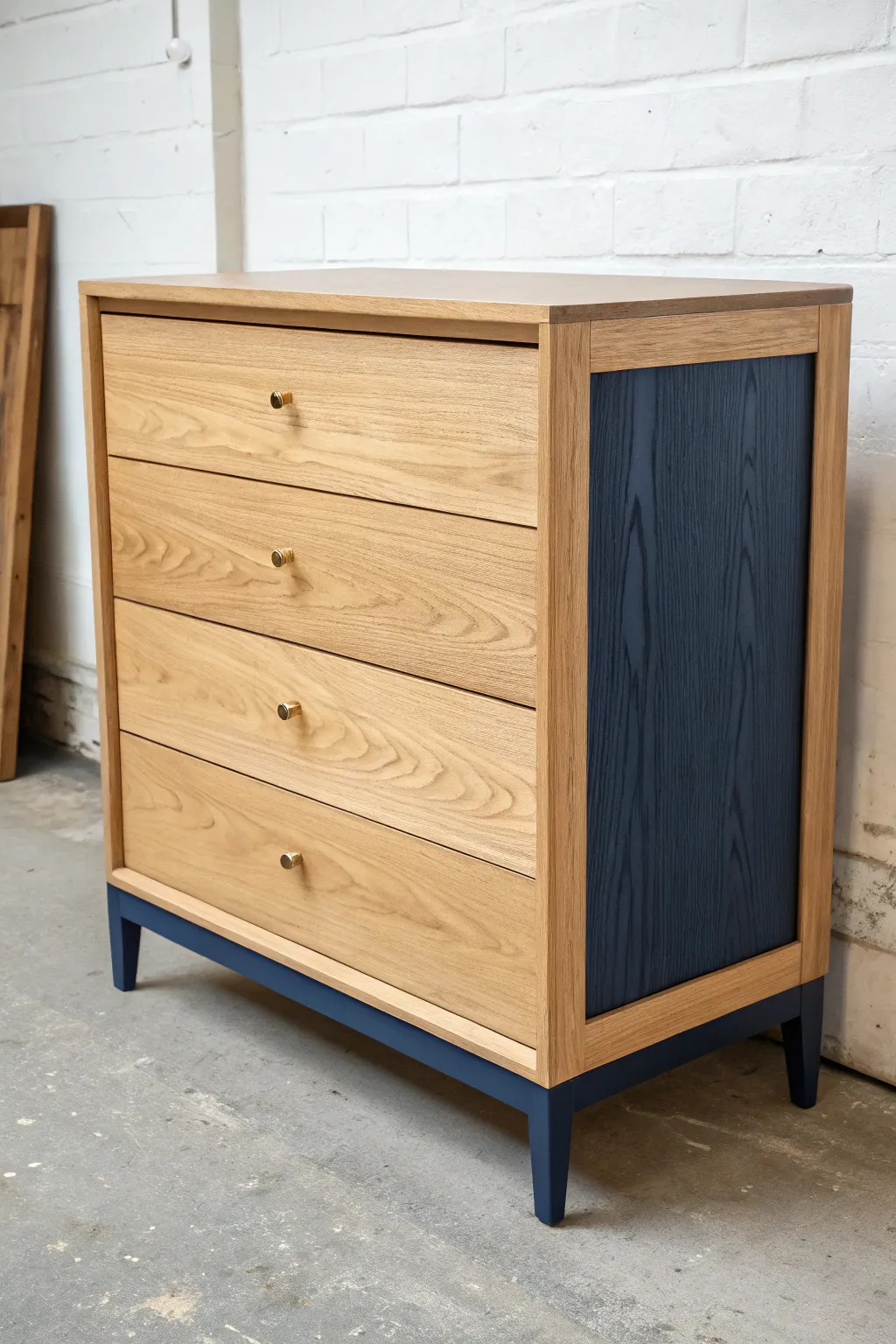 Two tone dipped chest: natural wood top, deep painted base, crisp line made with painters tape.
