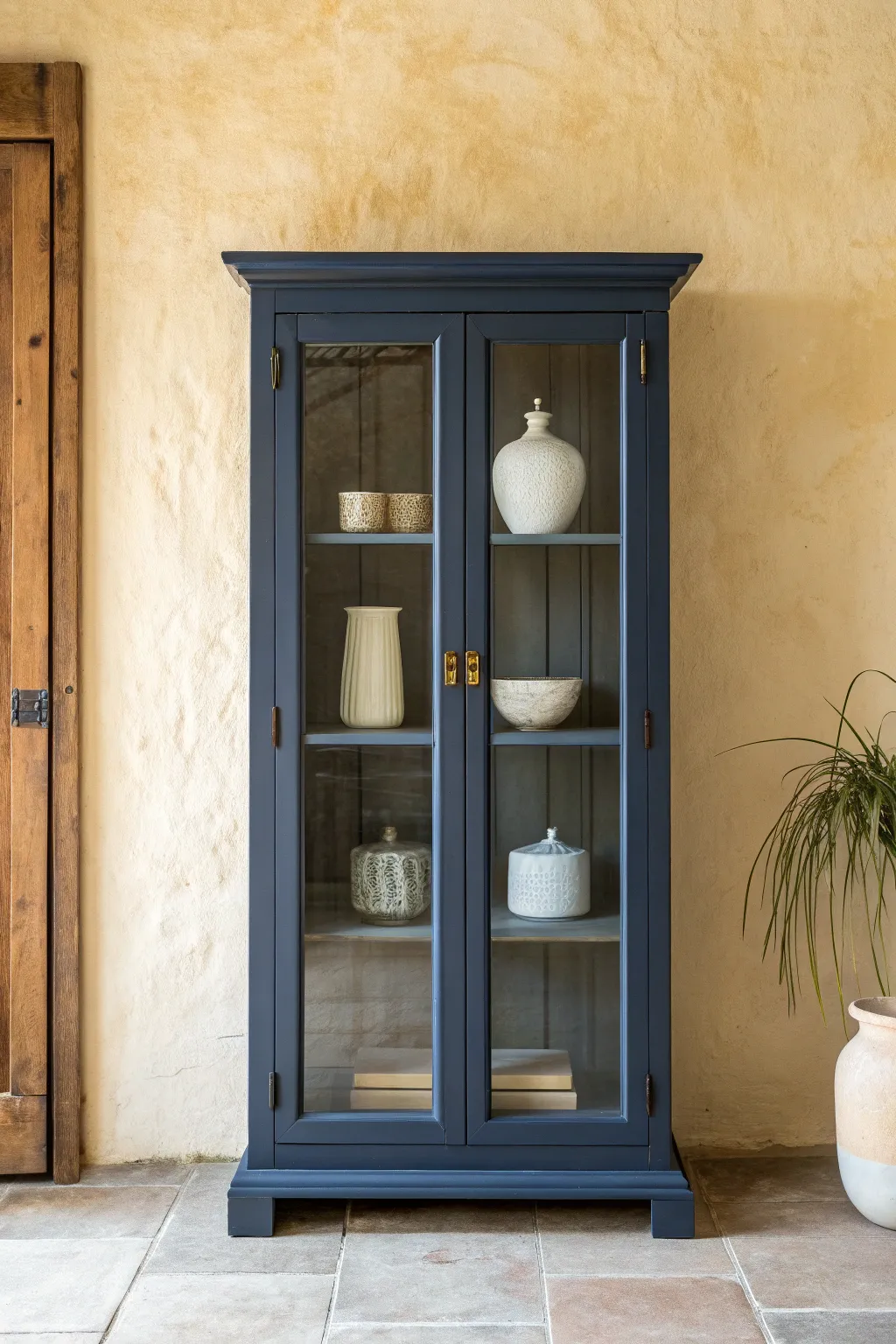Moody navy curio cabinet with pale ceramics and brass accents for a bold, cozy statement