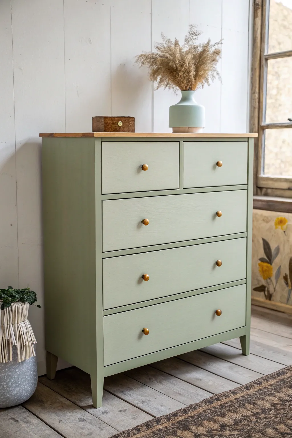 Two-tone painted dresser with sage frame and ivory drawers for a clean, bold contrast