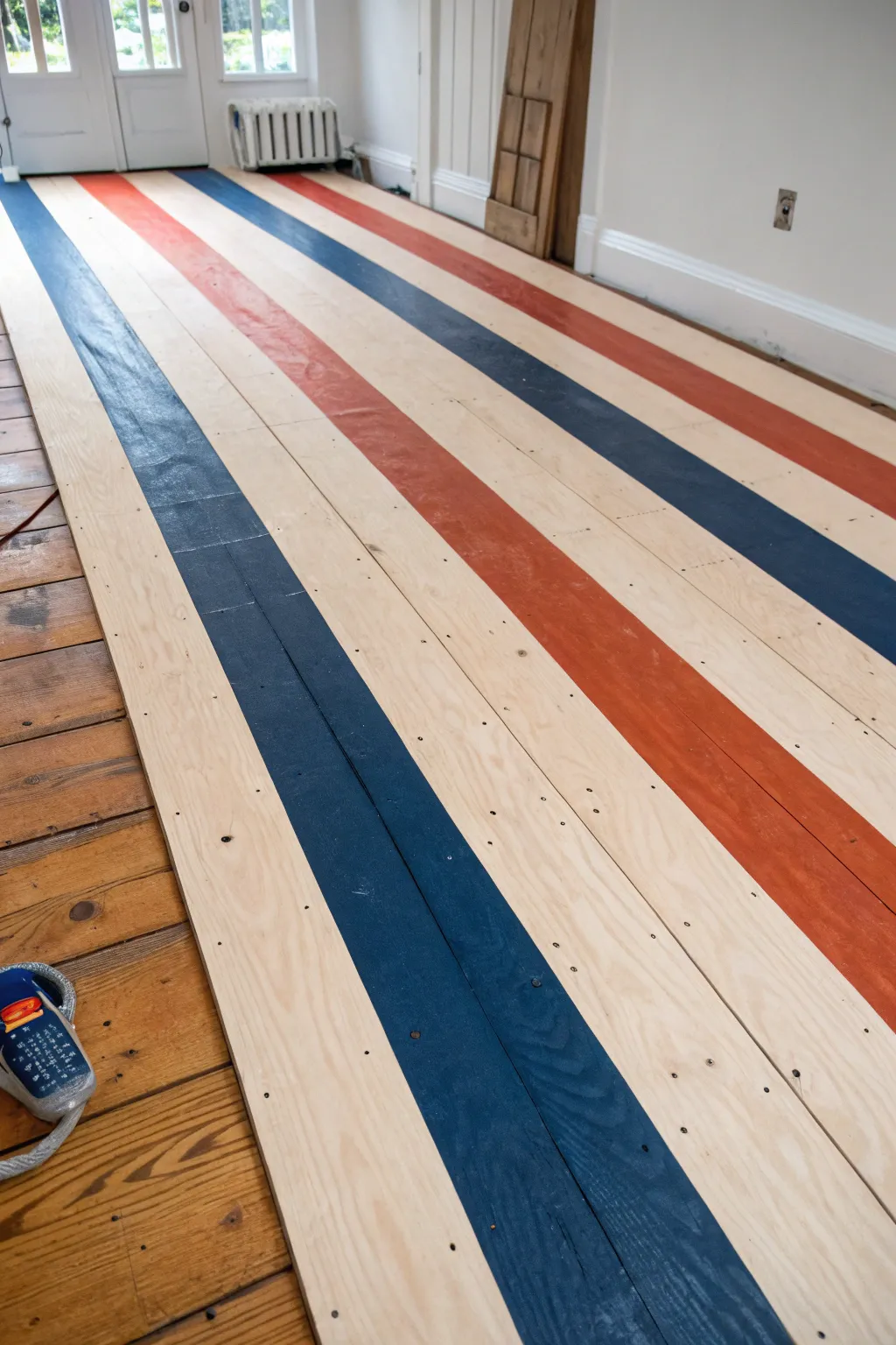Bold painted stripes on plywood with a peeled tape corner for crisp edges and a wider-room look