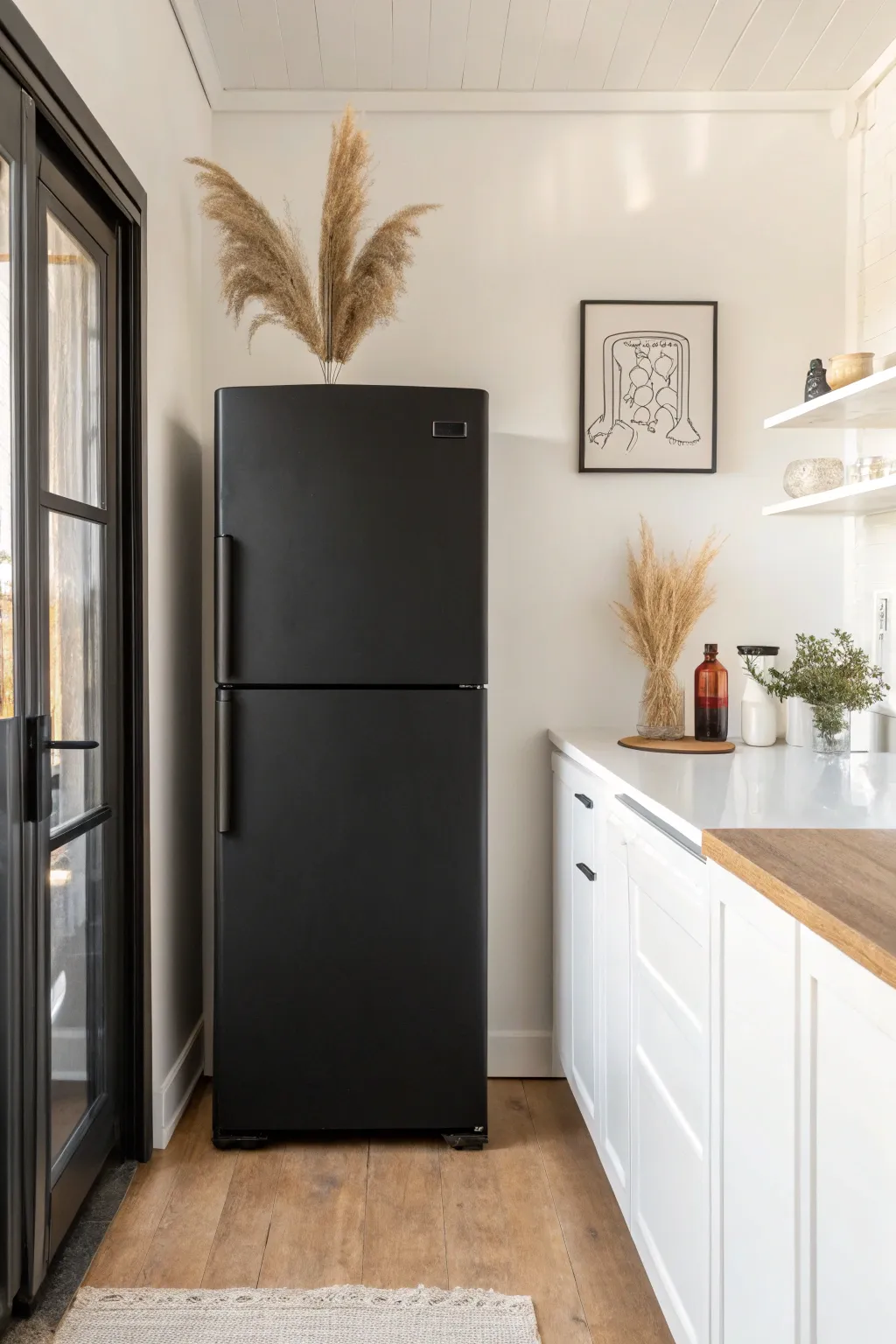 Matte black fridge on pale walls for a sleek Scandinavian-boho contrast that feels bold and calm.
