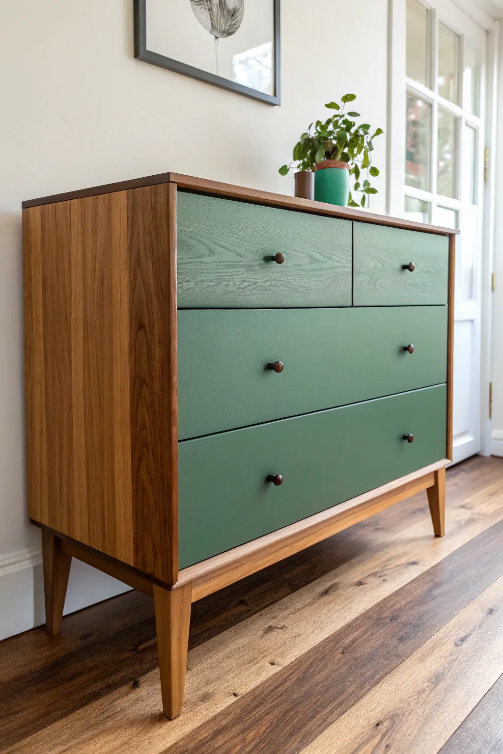 The perfect blend of paint and natural grain. This sage green two-tone dresser is total DIY goals.